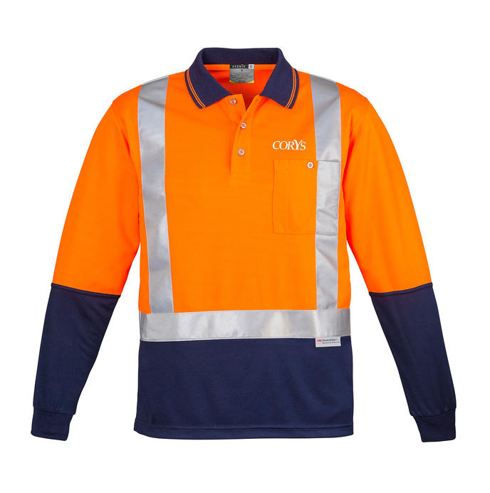 Corys Hi Vis Long Sleeved taped Polo-Orange/Navy 
