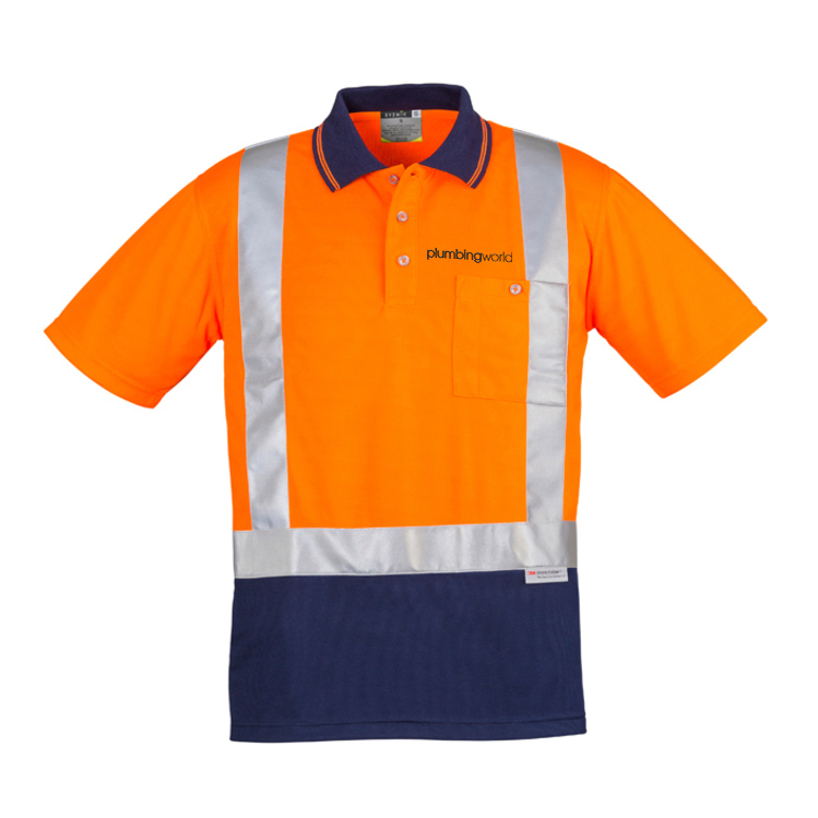 Plumbing World Hi Vis Spliced Polo - Orange/Navy - with Name