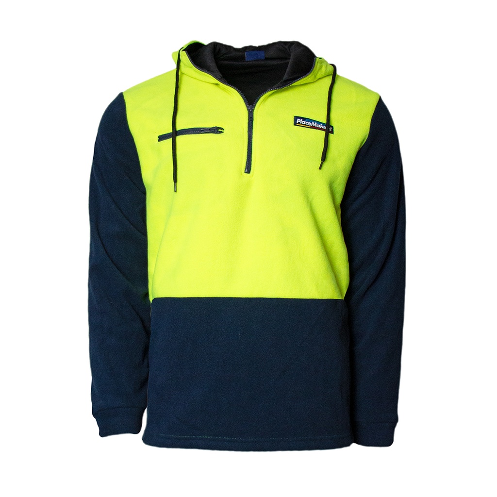 PlaceMakers Hi Vis Hooded Fleece 1/4 Zip Yellow/Navy